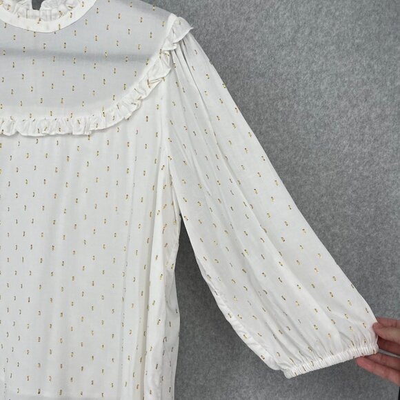 Draper James Womens Clip Dot Blouse Top Size L White Gold Metallic Ruffle Modest - Picture 3 of 14